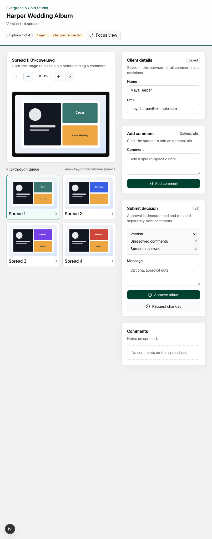Album Approve client proofing page with a flip-through album spread and comment controls