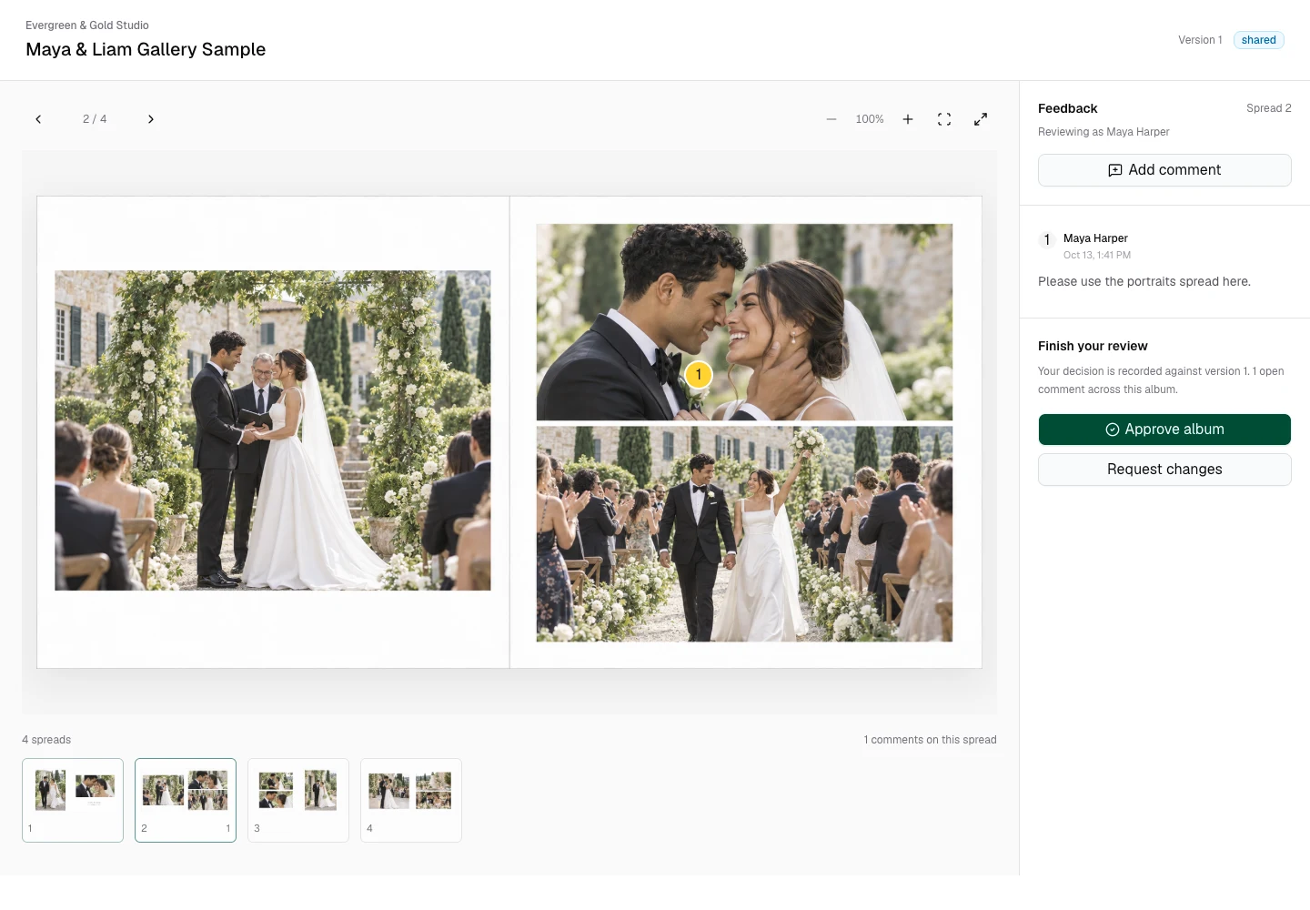 Actual client proof with a pinned request to replace the ceremony spread with portraits